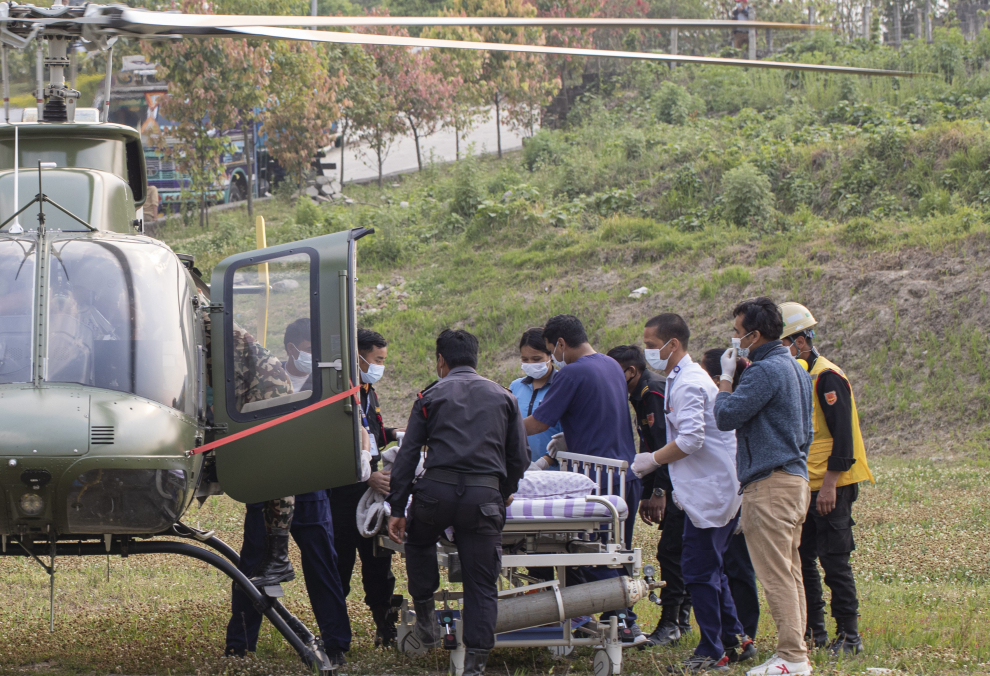 A helicopter carrying Indian mountaineer Anurag Maloo, 34, arrives after he was rescued from Mount Annapurna, at Nepal Mediciti Hospital in Lalitpur, Nepal April 20, 2023. REUTERS/Monika Malla NEPAL-ANNAPURNA/RESCUE