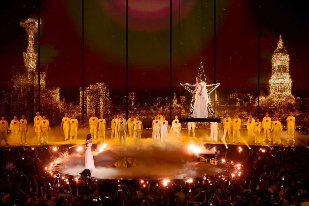 Teya & Salena from Austria stand on stage during the second semi-final of the 2023 Eurovision Song Contest in Liverpool, Britain, May 11, 2023. REUTERS/Phil Noble MUSIC-EUROVISION/