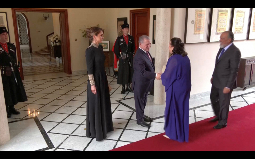 Jordan's King Abdullah II, and Jordan's Queen Rania are seen together at the royal wedding ceremony of Crown Prince Hussein and Rajwa Al Saif starts, in Amman, Jordan, June 1, 2023 in this screen grab taken from a video. Royal Hashemite Court (RHC)/Handout via REUTERS ATTENTION EDITORS - THIS IMAGE WAS PROVIDED BY A THIRD PARTY. NO RESALES. NO ARCHIVES. JORDAN-ROYALS/WEDDING