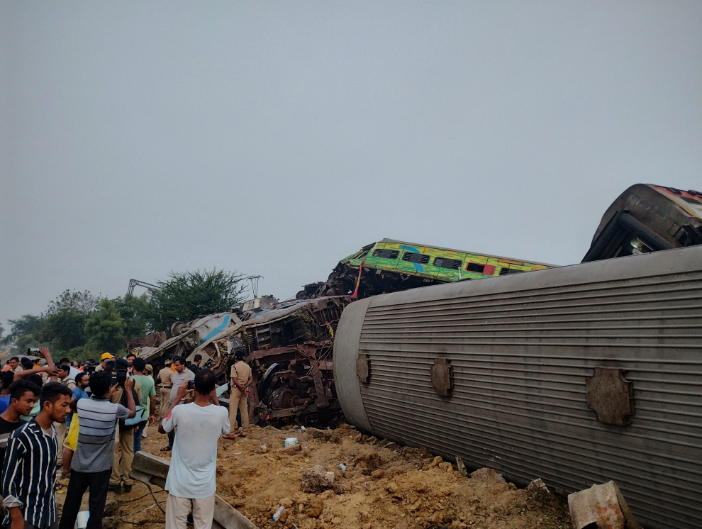 A damaged coach of a train is seen, after trains collided in Balasore, India June 3, 2023, in this picture obtained from social media. Nantu Samui/via REUTERS  THIS IMAGE HAS BEEN SUPPLIED BY A THIRD PARTY. MANDATORY CREDIT. NO RESALES. NO ARCHIVES. INDIA-CRASH/RAIL