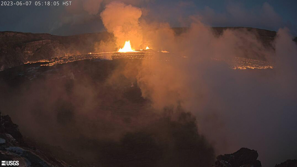 In this webcam image provided by the U.S. Geological Survey, an eruption takes place on the summit of the Kilauea volcano in Hawaii, Wednesday June 7, 2023. Kilauea, the second largest volcano in Hawaii, began erupting Wednesday morning, officials with the U.S. Geological Survey said in a statement. Kilauea, one of the world's most active volcanoes, erupted from Sept. 2021 to Dec 2022. A 2018 Kilauea eruption destroyed more than 700 residences. (U.S. Geological Survey via AP)