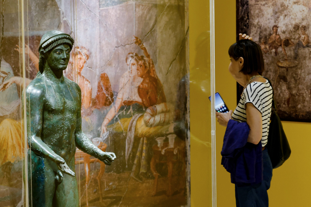 Roma (Italy), 18/06/2023.- Bronze objects are displayed during a press preview of the exhibition 'New Light from Pompeii to Rome', at the Capitoline Museums, in Rome, Italy, 04 July 2023. The exhibition, which offers a journey into the atmospheres and lighting systems of the ancient world through more than 180 original bronze artifacts, will run from 05 July to 08 October 2023. (Italia, Roma) EFE/EPA/FABIO FRUSTACI
 ITALY MUSEUMS EXHIBITION