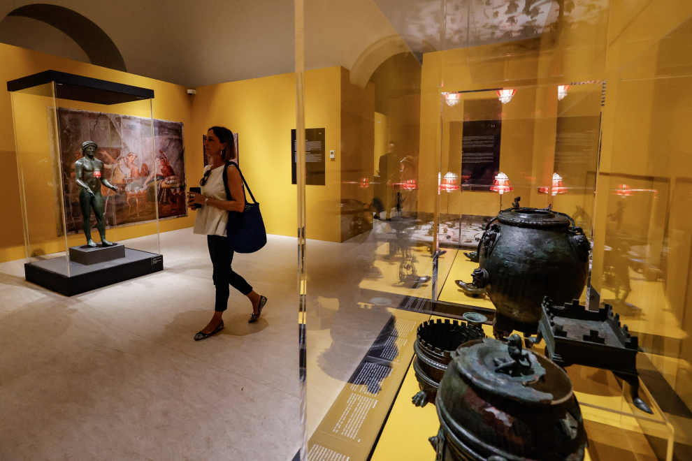 Roma (Italy), 18/06/2023.- Bronze objects are displayed during a press preview of the exhibition 'New Light from Pompeii to Rome', at the Capitoline Museums, in Rome, Italy, 04 July 2023. The exhibition, which offers a journey into the atmospheres and lighting systems of the ancient world through more than 180 original bronze artifacts, will run from 05 July to 08 October 2023. (Italia, Roma) EFE/EPA/FABIO FRUSTACI
 ITALY MUSEUMS EXHIBITION