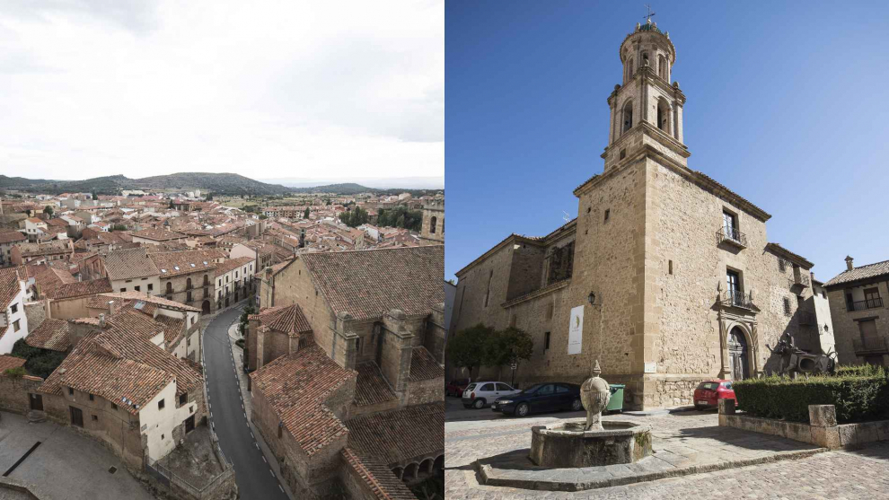 A la derecha, vista general de Mora de Rubielos y, a la izquierda, Rubielos de Mora
