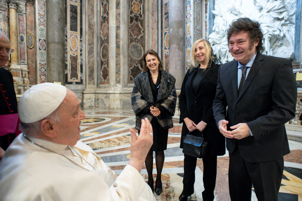 Vatican City (Vatican City State (holy See)), 11/02/2024.- A handout picture provided by the Vatican Media shows Pope Francis meets Argentina's President Javier Milei (R) and his sister Karina Milei (C) in St. Peter's Basilica prior to the Mass for Canonization of Maria Antonia of Saint Joseph de Paz y Figueroa, Vatican City, 11 February 2024. On the anniversary of the first apparition of the Blessed Virgin Mary in Lourdes, Pope Francis canonized Maria Antonia of Saint Joseph de Paz y Figueroa, also known as Mama Antula, the founder of the House for Spiritual Exercises of Buenos Aires. (Papa) EFE/EPA/VATICAN MEDIA HANDOUT HANDOUT EDITORIAL USE ONLY/NO SALES HANDOUT EDITORIAL USE ONLY/NO SALES
 VATICAN POPE