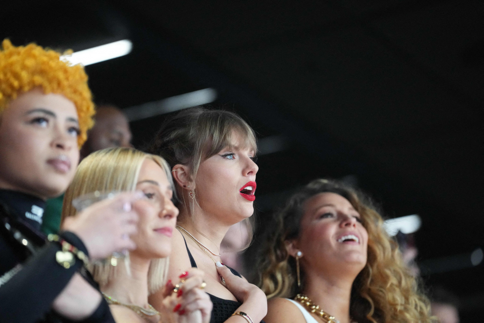 Feb 11, 2024; Paradise, Nevada, USA; Recording artist Taylor Swift reacts during Super Bowl LVIII between the Kansas City Chiefs and the San Francisco 49ers at Allegiant Stadium. Mandatory Credit [[[REUTERS VOCENTO]]] FOOTBALL-NFL-KC-SF/