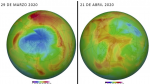 Comparatica de los niveles de ozono en el Ártico el día 29 de marzo y 21 de abril de 2020.