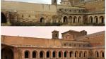 Antes y después del ala este del claustro de Sijena, donde se han restaurado la arquería y la cubierta, el patio abierto y dos capillas o nichos.