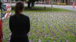 Una mujer observa las pequeñas banderas estadounidenses colocadas en el césped durante la ceremonia de homenaje a las víctimas del 11S en Avondale Estates
