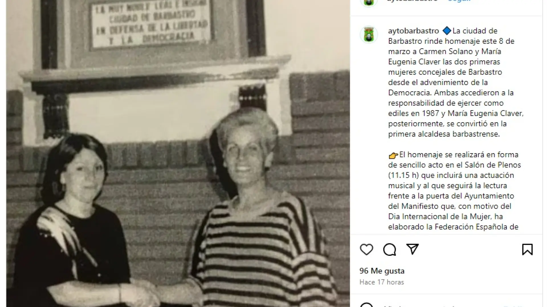 Barbastro homenajeará a la primera concejal y a la primera alcaldesa de la  democracia con motivo del 8 de marzo