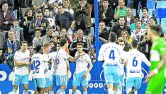 Los jugadores del Real Zaragoza celebran un gol junto a la grada.