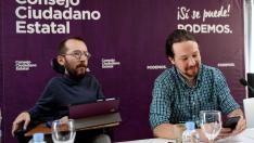 Pablo Echenique y Pablo Iglesias este sábado en el Consejo Ciudadano Estatal de Podemos.