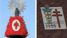 La Cruz de Lorena luce en el manto de flores de la Virgen del Pilar, en la ofrenda de 2018. A la derecha, la Cruz de Lorena en la fachada del hospital de Worcester, en Sudáfrica.