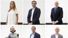 Candidatos al Congreso por Zarago. Arriba, de izquierda a derecha: Susana Sumelzo (PSOE), Rodrigo (Ciudadanos), Eloy Suárez (PP). Abajo, de izquierda a derecha, Pablo Echenique (Unidas Podemos), Pedro Fernández (Vox) y Carmelo Asensio (Más País)