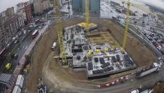 Imagen aérea tomada este jueves de las obras del edificio, situado frente a la estación de Delicias.