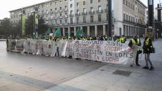Concentración de los jardineros municipales la mañana de este viernes a las puertas del Ayuntamiento de Zaragoza.