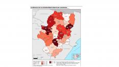 Mapa comarcal de siniestralidad laboral en Aragón.