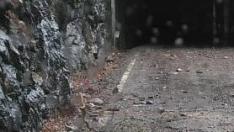 Las piedras que cayeron a la carretera cerca de la presa de Plandescún.