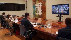 Pedro Sánchez durante la reunión que ha mantenido por videoconferencia con los presidentes autonómicos este domingo.