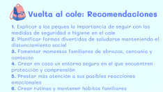 Resumen de las recomendaciones lanzadas por el Área de Derechos Sociales del Ayuntamiento de Huesca para una mejor gestión psicológica de la vuelta al cole.