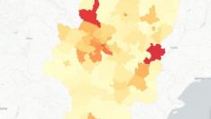 Mapa de Aragón con los casos de coronavirus desde el inicio de la pandemia