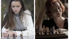 La joven talento del ajedrez aragonés, María Eizaguerri (izquierda) y el personaje protagonista de 'Gambito de Dama', Beth Harmon.