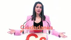 La presidenta de Ciudadanos, Inés Arrimadas, en una rueda de prensa el pasado 8 de marzo en la sede nacional del partido.