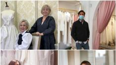Arriba, Cuca Gimeno y Carmen García, de Marengo Moda, y Emilio del Castillo, de Love Story Novias. Abajo, Arántzazu Cáceres, izquierda, y Rebeca Tabernas.