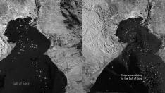 La imagen de la izquierda, capturada el 21 de marzo, muestra el tráfico marítimo de rutina en el canal. La de la derecha, del 25 de marzo, muestra el barco bloqueando el paso