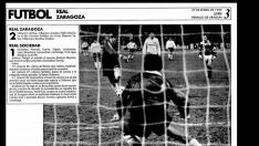 Fotografía de Heraldo en la que se recoge el gol de penalti de Chilavert a la Real Sociedad y la ficha del partido de 1990.