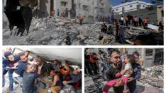 Varias personas intentan rescatar a víctimas bajo los escombros de un edificio en Gaza tras los últimos bombardeos israelíes