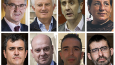 De izquierda a derecha, y de arriba a abajo: Vicente Guillén (PSOE), Eloy Suárez (PP), Ramiro Domínguez (Cs), Marta de Santos (Podemos), Joaquín Palacín (CHA), Santiago Morón (Vox), Jesús Guerrero (PAR) y Álvaro Sanz (IU).