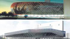 Arriba, el estadio que se planteó en 2008, en San José; abajo, el proyecto de 2004 en el mismo emplazamiento.