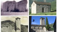 Aspecto que presentaban antes y después de su restauración las iglesias de San Juan de Busa (arriba) y Lárrede.