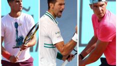 Los tenistas Nadal, Alcaraz y Djokovic.