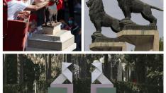 Combo de imágenes del Torico, los leones de Paco Rallo y las pajaritas de Ramón Acín.