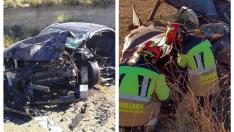 Combo de imágenes de los coches en los que viajaban los fallecidos en Zuera y en Alcorisa