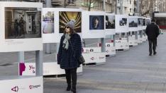 Una paseante admira la exposición de la Asociación de Fotoperiodistas de Aragón en Gran Vía.