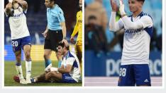 A la izda., Simeone (de pie) y Azón (en el suelo), con sus respectivas manos vendadas. A la dcha., el debutante Pau Sans aplaude con la mano izquierda también cubierta por un aparatoso vendaje.