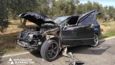 Estado en el que ha quedado el todoterreno implicado en un accidente entre Belchite y Codo.