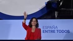 Isabel Díaz Ayuso, en la noche electoral de este 28-M tras lograr la mayoría absoluta en la Comunidad de Madrid.