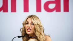 Spanish Labour Minister and far-left Sumar leader Yolanda Diaz speaks during a press conference in Madrid