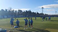 Los jugadores del Real Zaragoza, en la soleada y agradable mañana de este lunes en la Ciudad Deportiva.