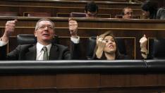 Ruiz Gallardón y Sáenz de Santamaría este martes en el Congreso