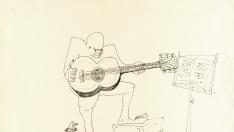 Un dibujo a tinta china de John Lennon titulado "Un hombre sentado toca la guitarra".