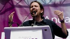 El líder de Podemos, Pablo Iglesias, durante su intervención en su primer acto en la campaña de las elecciones andaluzas