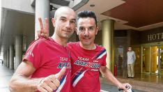Ángel Vicioso (izquierda) y Purito Rodríguez, ayer a su llegada al hotel Boston de Zaragoza.