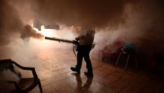 Un operario de Salud Pública fumiga un establecimiento para prevenir el virus del zika en San Salvador.