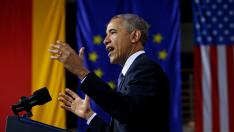 El presidente de EE.UU., Barack Obama, en un discurso durante su visita a Hanover, Alemania.