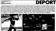Página de Heraldo con la crónica del Ponferradina-Real Zaragoza (1-2) jugado en diciembre de 1990 en una eliminatoria de Copa.